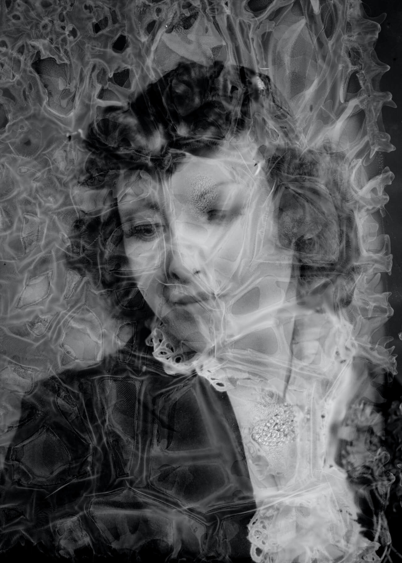 A woman from the early 20th century looks down. The entire image has been fractured by an overlay of smoke. 