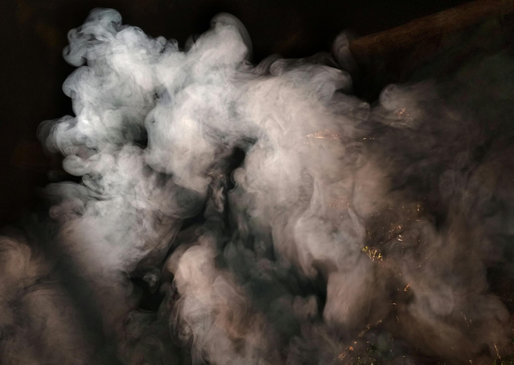 Thick smoke fills the photograph. Smoke can be as dangerous as a burn.